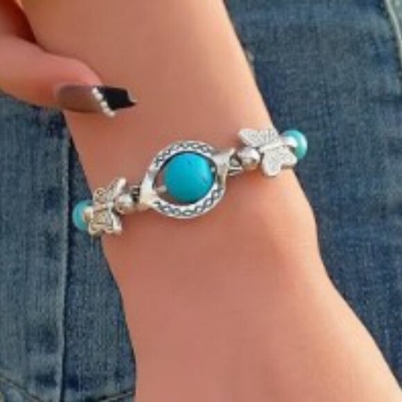 Turquoise Charm Bracelet - Handcrafted Vintage-Inspired Butterfly Bead - Picture 2 of 5